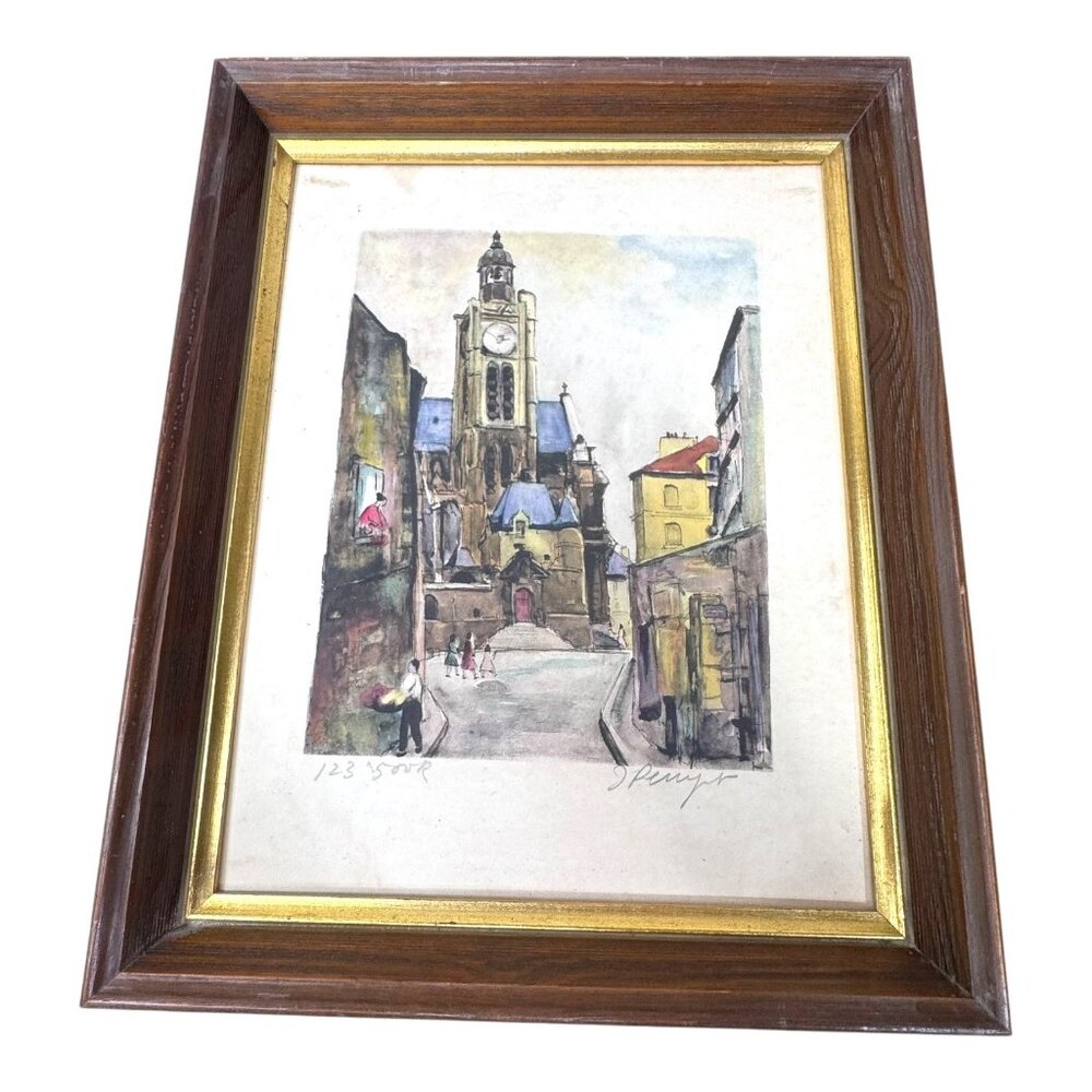 Vtg Framed Watercolor Cityscape Signed Print French Parisian Street Clock Tower